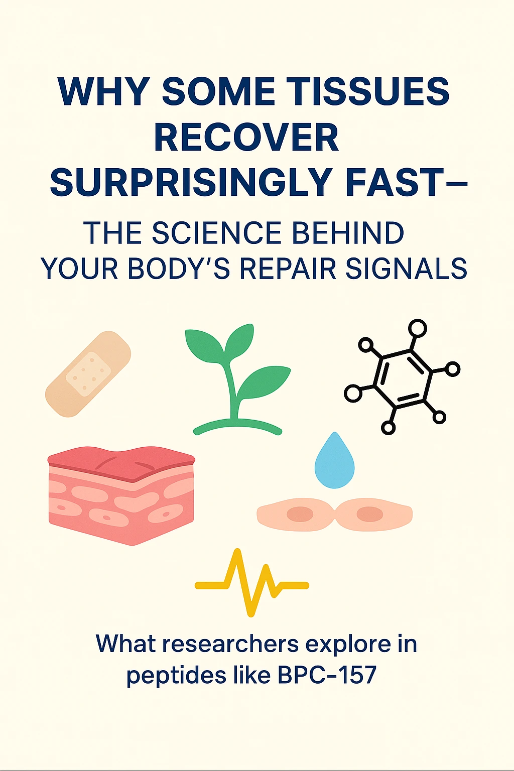 Skin, cells, a bandage and a peptide diagram introducing tissue-repair research questions.