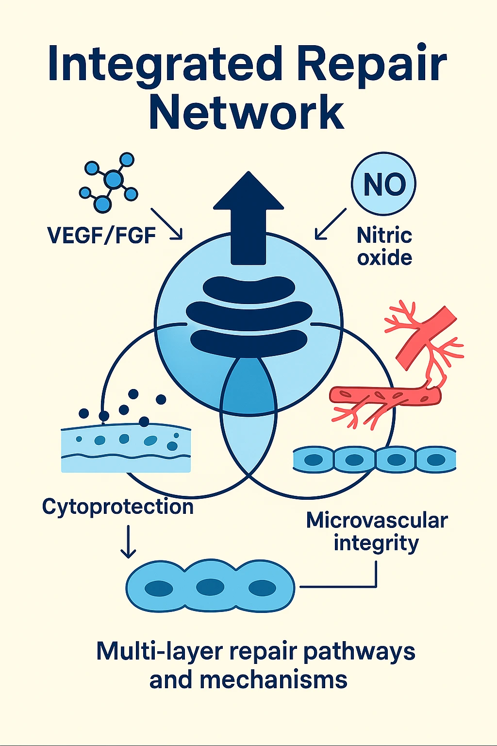 An integrated repair-network diagram connecting VEGF/FGF, nitric oxide, cells and blood vessels.