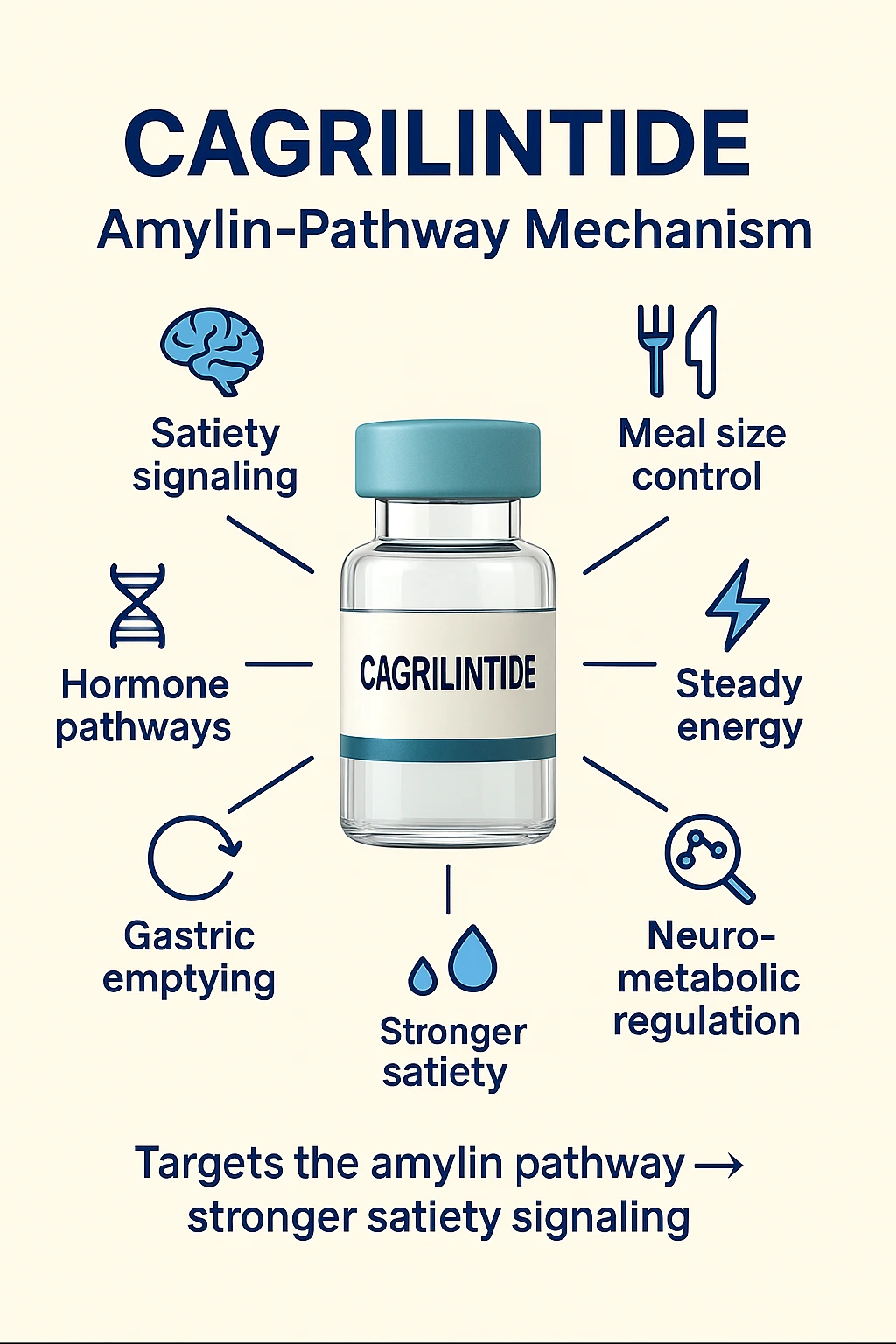 Cagrilintide amylin-pathway overview surrounded by brain, meal-size and gastric-emptying icons.