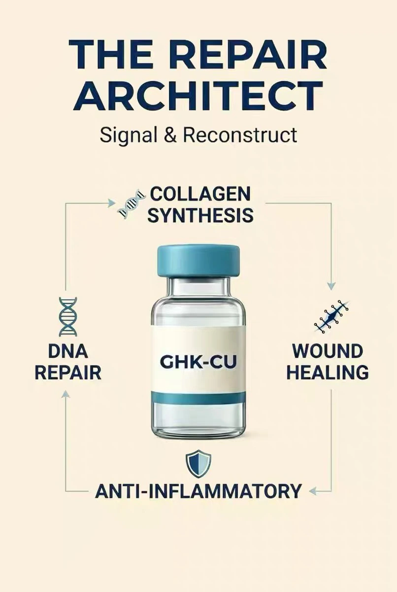 GHK-Cu pictured as a repair architect with collagen, DNA and wound-related icons.
