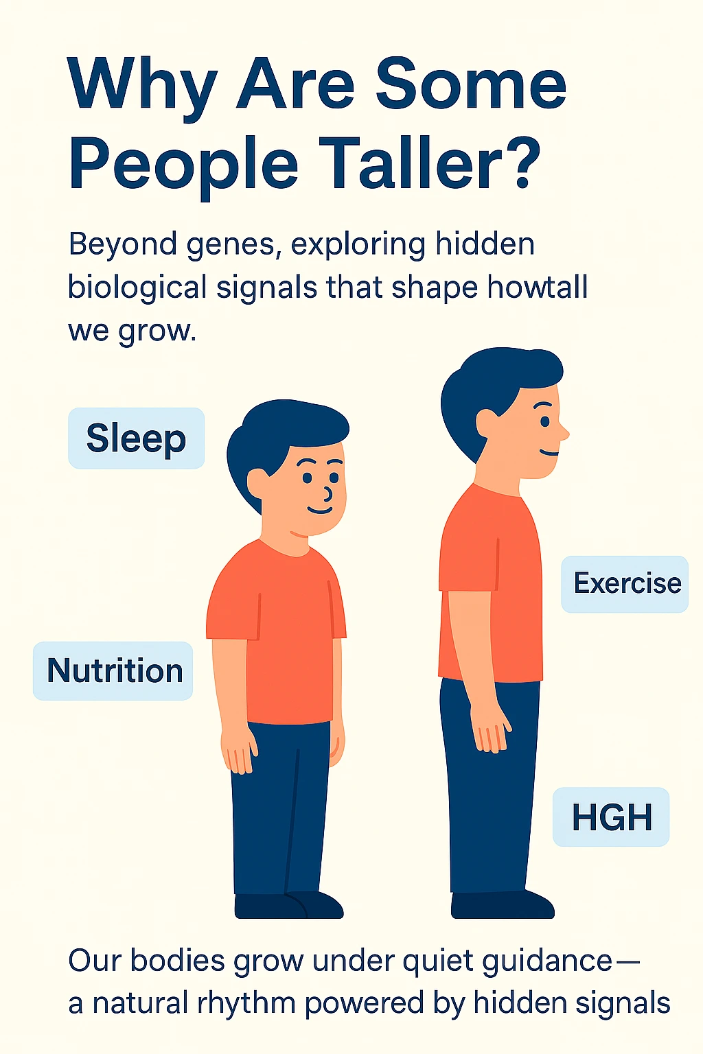 Two people of different heights with labels for sleep, exercise, nutrition and HGH.