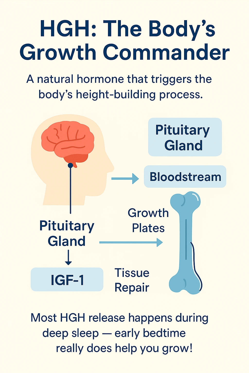 HGH pathway illustration linking the pituitary gland, bloodstream, IGF-1 and growth plates.