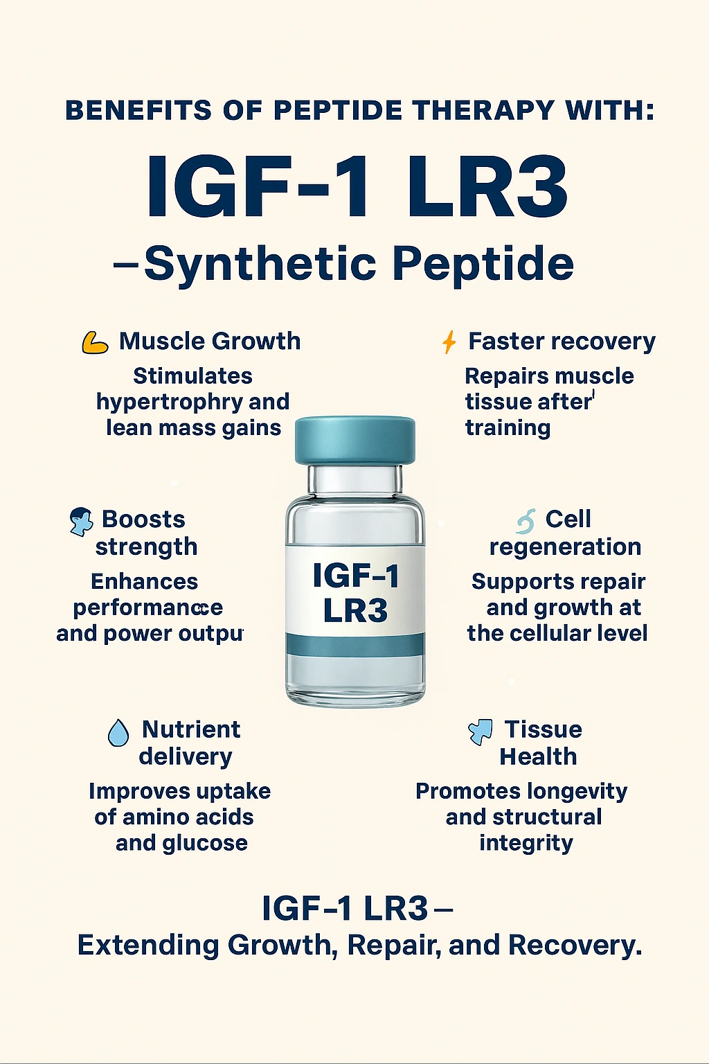 An IGF-1 LR3 overview with muscle, nutrient-delivery and tissue-related icons.