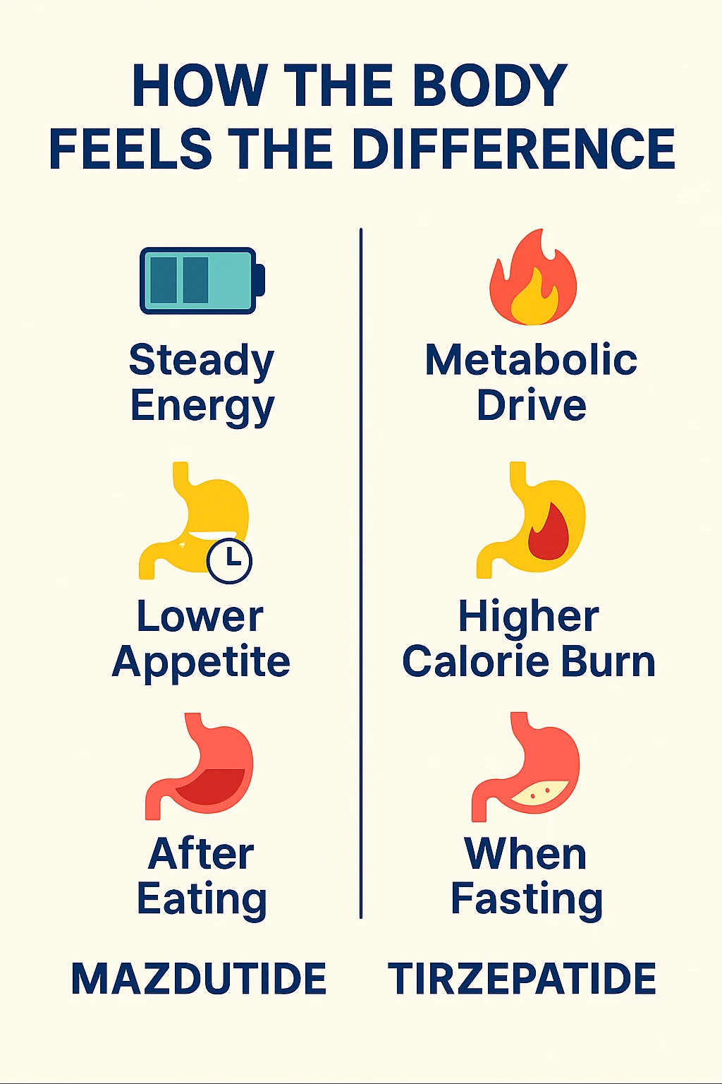 Battery, flame and stomach icons in the original Mazdutide and Tirzepatide comparison.