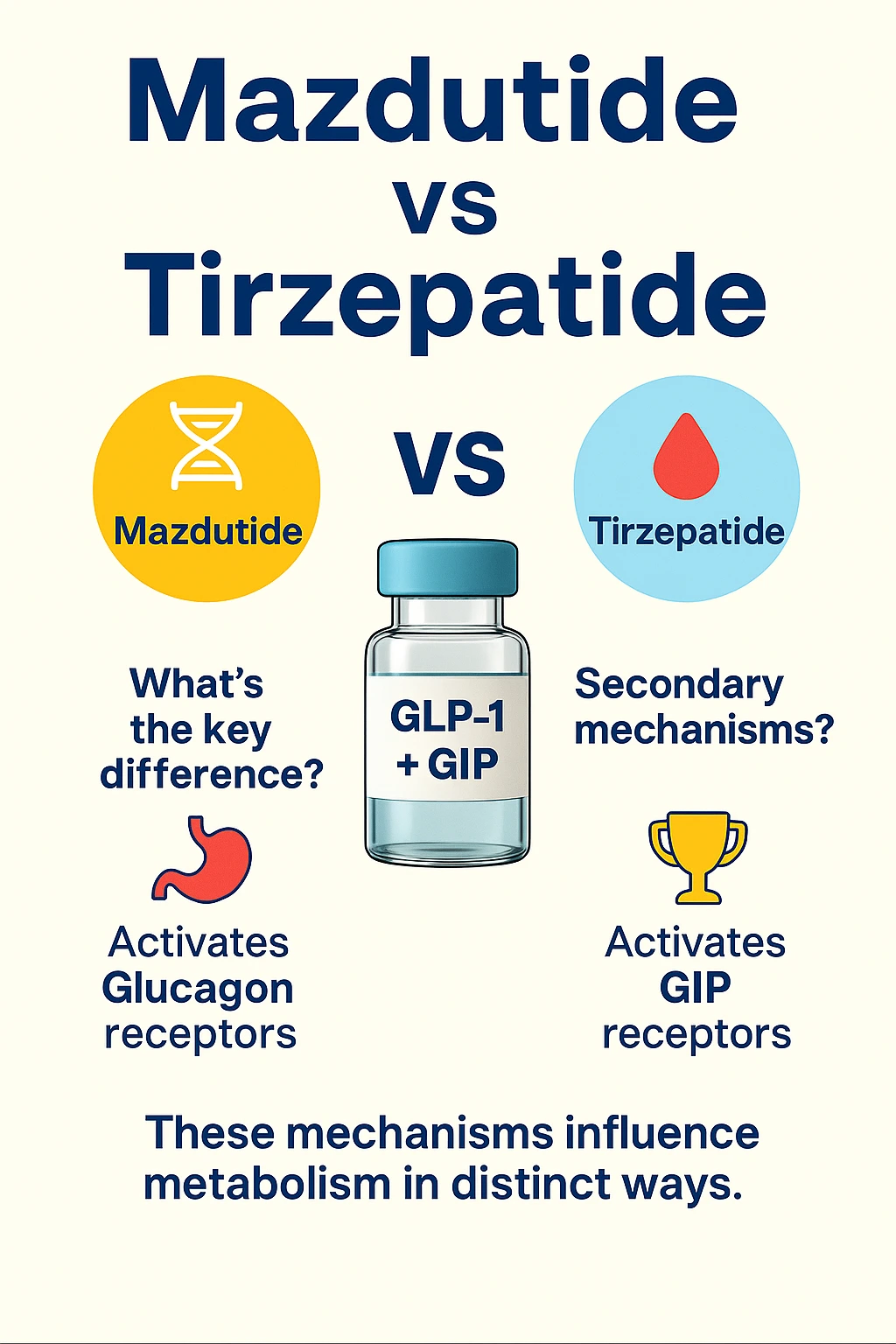 Mazdutide and Tirzepatide comparison using DNA, droplet, liver and receptor symbols.