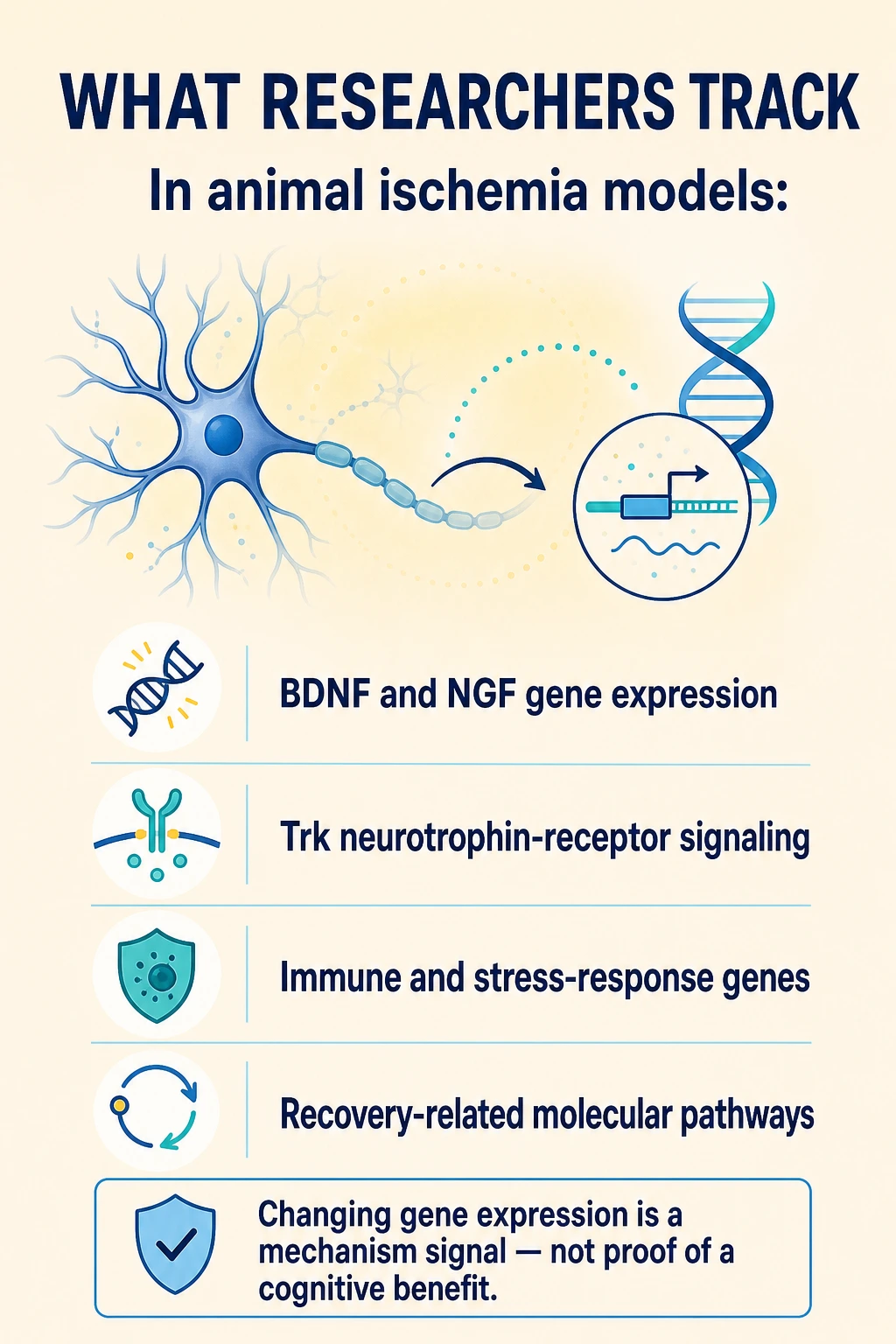 Neuron and gene-expression diagrams summarizing pathways examined in Semax animal research.