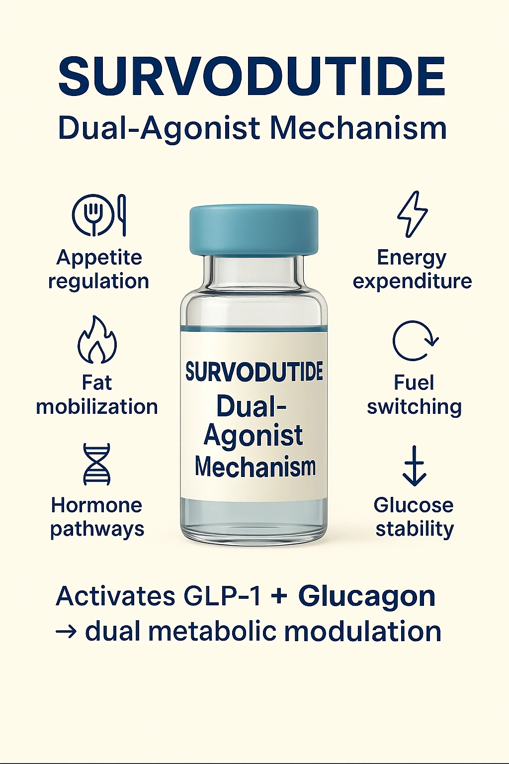 Survodutide dual-agonist overview with appetite, energy and hormone-pathway icons.