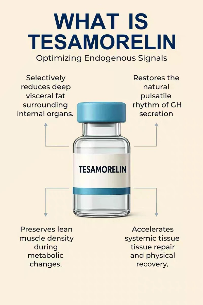 Tesamorelin introduction using a vial illustration and notes about endogenous growth-hormone signaling.