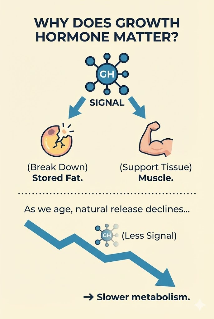 Growth-hormone signal diagram branching toward stored fat and muscle, with an age-related trend illustration.