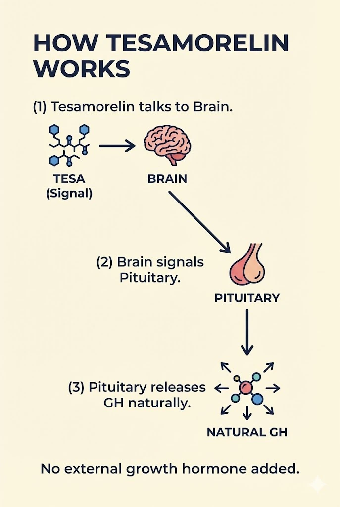The original Tesamorelin signal-to-pituitary-to-growth-hormone flow diagram.