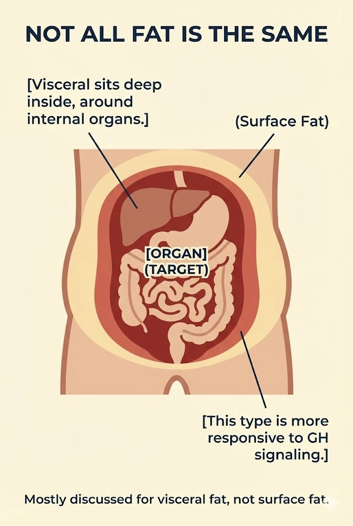Abdominal cross-section distinguishing visceral fat around organs from surface fat.