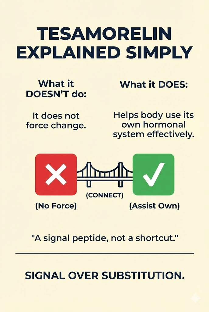 Bridge metaphor contrasting signal support and substitution in the Tesamorelin story.