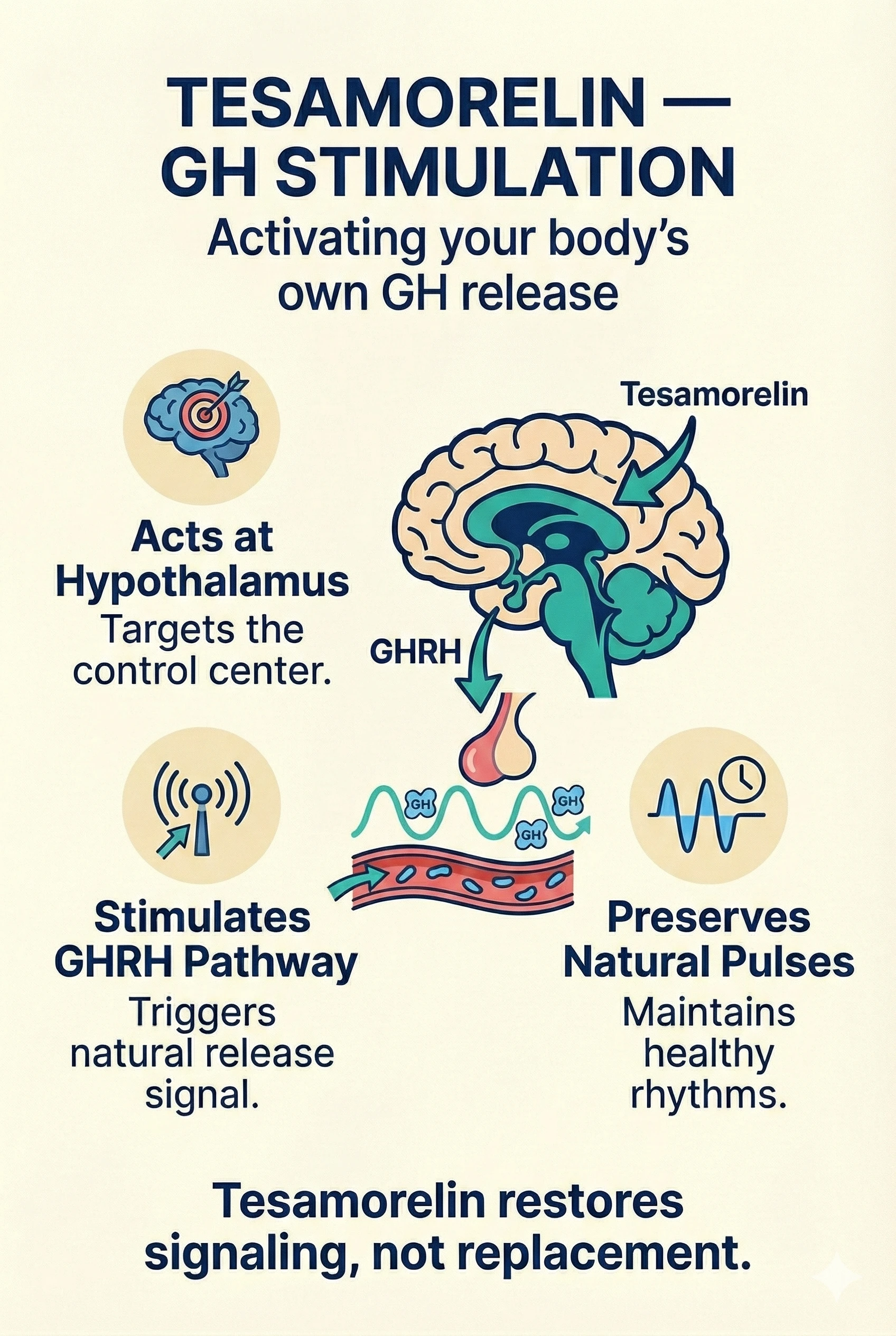 Supplemental Tesamorelin illustration of growth-hormone signaling and pulsatile release.